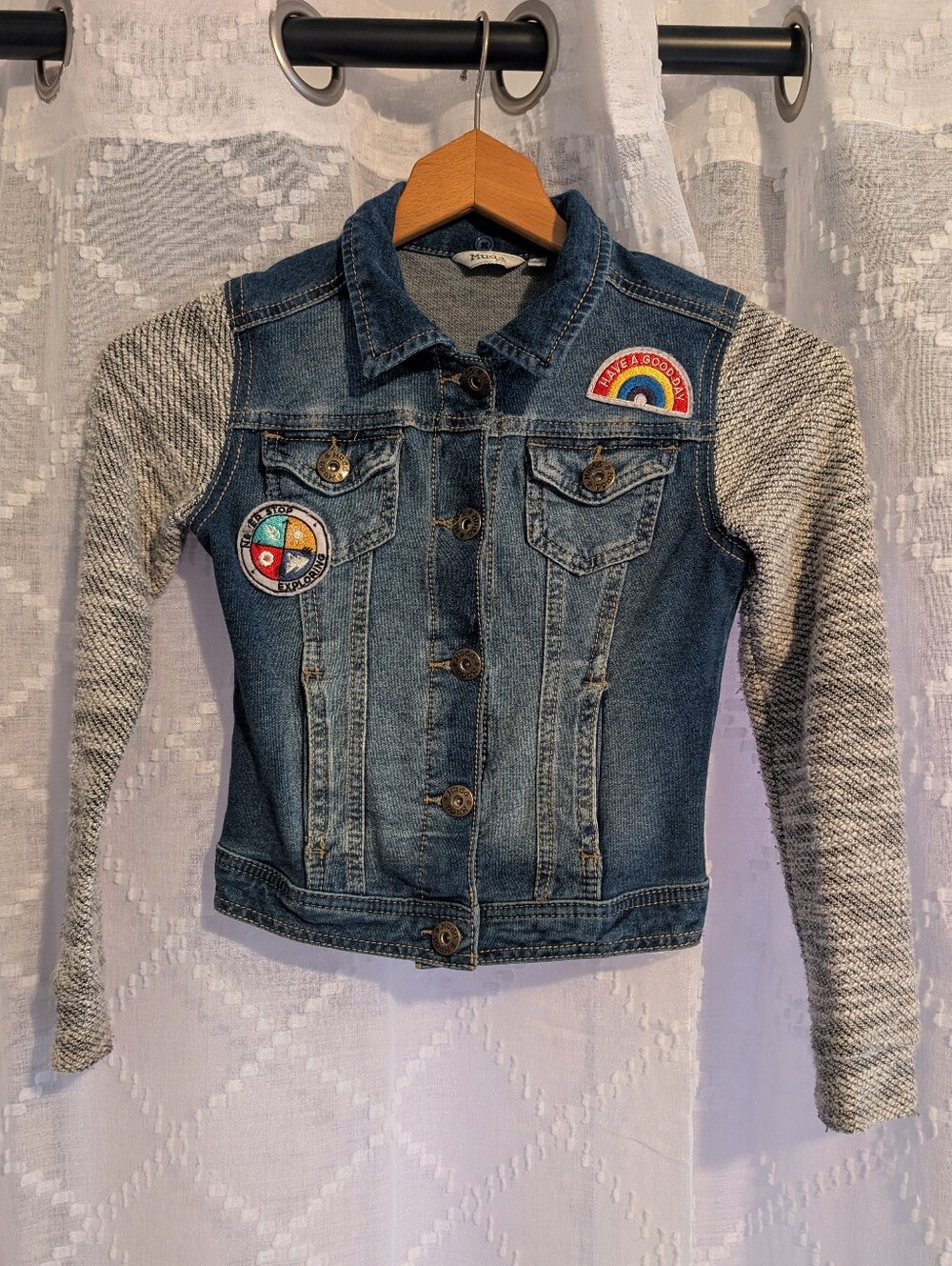 Mudd Girls Denim Jacket with Knit Gray Sleeves and Rainbow Patches